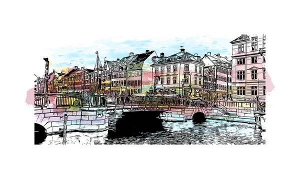 哥本哈根的标志性建筑是丹麦的首都 水彩飞溅与手绘草图图解矢量 — 图库矢量图片