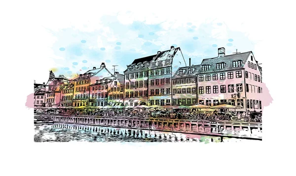 코펜하겐의 랜드마크가 덴마크의 수도이다 벡터에 손으로 스케치 그림으로 물감을 튀기는 — 스톡 벡터