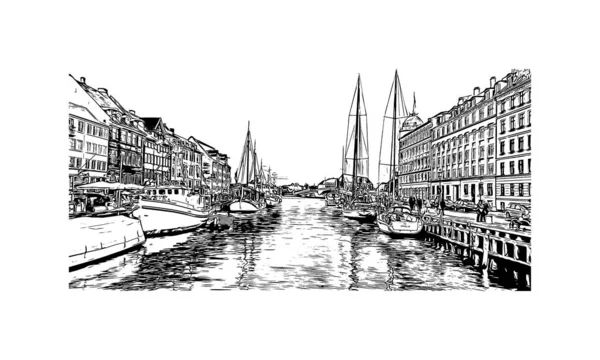 Print Building View Landmark Copenhagen Danmarks Huvudstad Handritad Skiss Illustration — Stock vektor
