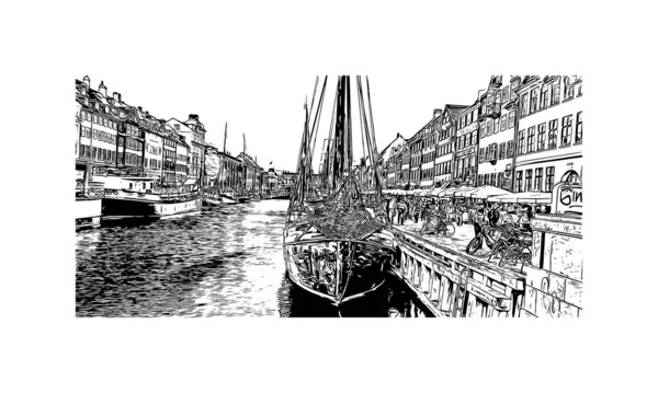 Imprimer Capitale Danemark Est Vue Imprenable Sur Copenhague Illustration Dessinée — Image vectorielle