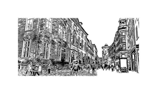 Print Building View Landmark Copenhagen Danmarks Huvudstad Handritad Skiss Illustration — Stock vektor