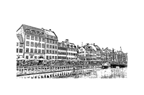 Print Gebouw Uitzicht Met Bezienswaardigheid Van Kopenhagen Hoofdstad Van Denemarken — Stockvector