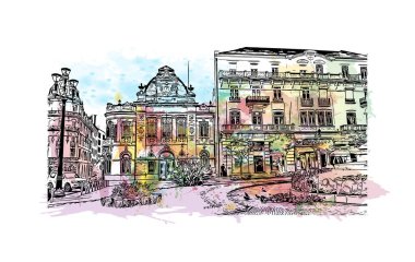 Print Building view with landmark of Coimbra is the city in Portugal. Vektör içinde elle çizilmiş çizim eşkali ile suluboya sıçraması