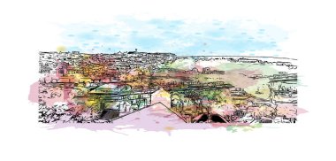 Print Building view with landmark of Coimbra is the city in Portugal. Vektör içinde elle çizilmiş çizim eşkali ile suluboya sıçraması.