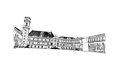 Print Building view with landmark of Coimbra is the city in Portugal. Vektörde elle çizilmiş çizim çizimi.