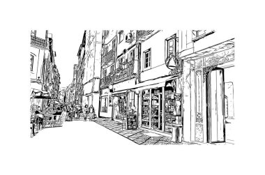 Print Building view with landmark of Coimbra is the city in Portugal. Vektörde elle çizilmiş çizim çizimi.