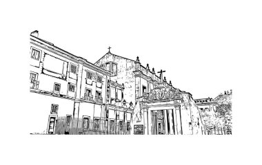Print Building view with landmark of Coimbra is the city in Portugal. Vektörde elle çizilmiş çizim çizimi.