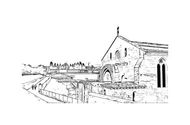 Print Building view with landmark of Coimbra is the city in Portugal. Vektörde elle çizilmiş çizim çizimi.