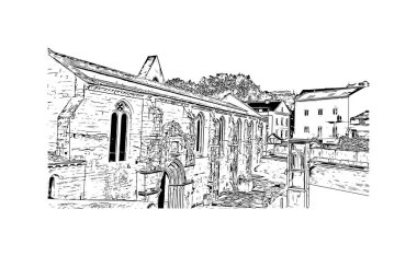 Print Building view with landmark of Coimbra is the city in Portugal. Vektörde elle çizilmiş çizim çizimi.