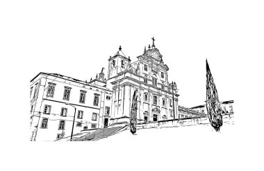 Print Building view with landmark of Coimbra is the city in Portugal. Vektörde elle çizilmiş çizim çizimi.