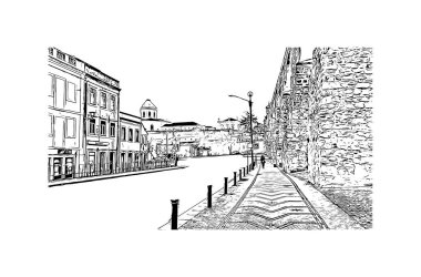 Print Building view with landmark of Coimbra is the city in Portugal. Vektörde elle çizilmiş çizim çizimi.