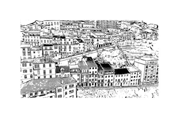 Print Вид Здание Достопримечательностью Коимбры Город Португалии Ручной Рисунок Векторе — стоковый вектор
