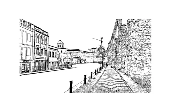 Print Building view with landmark of Coimbra is the city in Portugal. Vektörde elle çizilmiş çizim çizimi.