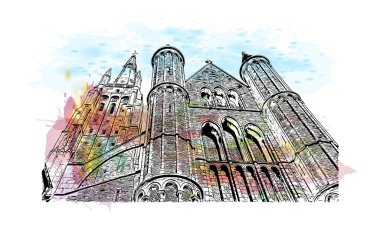Belçika 'nın başkenti Bruges' ün simgesi olan Print Building View 'dir. Vektörde elle çizilmiş resim ile suluboya sıçraması.