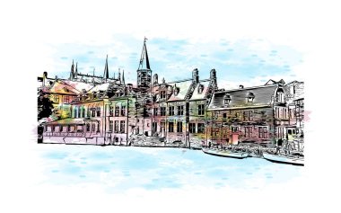 Belçika 'nın başkenti Bruges' ün simgesi olan Print Building View 'dir. Vektörde elle çizilmiş resim ile suluboya sıçraması.