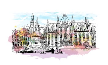 Belçika 'nın başkenti Bruges' ün simgesi olan Print Building View 'dir. Vektörde elle çizilmiş resim ile suluboya sıçraması.