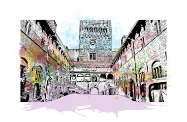 Belçika 'nın başkenti Bruges' ün simgesi olan Print Building View 'dir. Vektörde elle çizilmiş resim ile suluboya sıçraması.