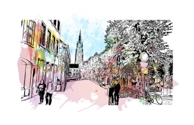 Print  Building view with landmark of Bruges is the city in Belgium. Watercolor splash with hand drawn sketch illustration in vector. clipart