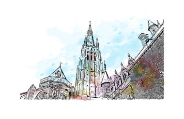 Belçika 'nın başkenti Bruges' ün simgesi olan Print Building View 'dir. Vektörde elle çizilmiş resim ile suluboya sıçraması.