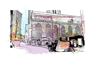 Belçika 'nın başkenti Bruges' ün simgesi olan Print Building View 'dir. Vektörde elle çizilmiş resim ile suluboya sıçraması.