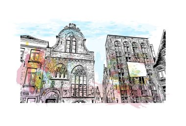 Belçika 'nın başkenti Bruges' ün simgesi olan Print Building View 'dir. Vektörde elle çizilmiş resim ile suluboya sıçraması.