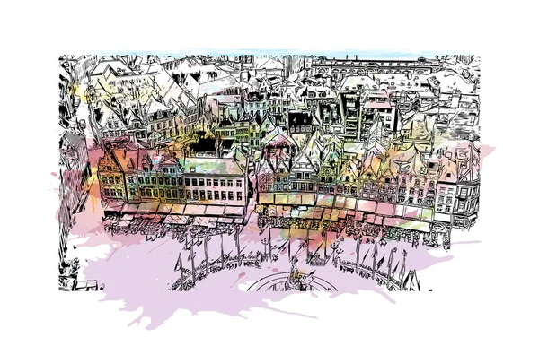Print Building View Landmark Brygge Staden Belgien Handritad Skiss Illustration — Stock vektor