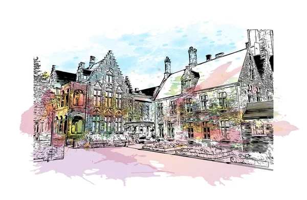 Προβολή Κτιρίου Ορόσημο Της Bruges Είναι Πόλη Στο Βέλγιο Υδατογραφία — Διανυσματικό Αρχείο