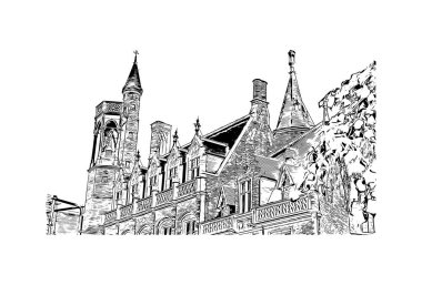 Belçika 'nın başkenti Bruges' ün simgesi olan Print Building View 'dir. Vektörde elle çizilmiş çizim çizimi.