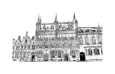 Belçika 'nın başkenti Bruges' ün simgesi olan Print Building View 'dir. Vektörde elle çizilmiş çizim çizimi.