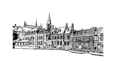 Belçika 'nın başkenti Bruges' ün simgesi olan Print Building View 'dir. Vektörde elle çizilmiş çizim çizimi.