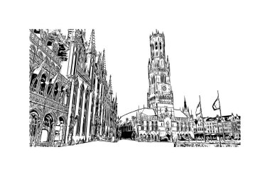 Belçika 'nın başkenti Bruges' ün simgesi olan Print Building View 'dir. Vektörde elle çizilmiş çizim çizimi.