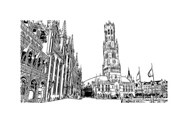 Print Building view with landmark of Bruges is the city in Belgium. Hand drawn sketch illustration in vector. clipart