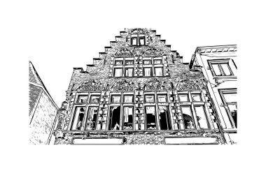 Belçika 'nın başkenti Bruges' ün simgesi olan Print Building View 'dir. Vektörde elle çizilmiş çizim çizimi.
