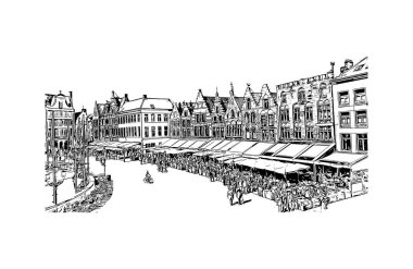 Belçika 'nın başkenti Bruges' ün simgesi olan Print Building View 'dir. Vektörde elle çizilmiş çizim çizimi.
