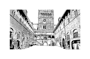 Belçika 'nın başkenti Bruges' ün simgesi olan Print Building View 'dir. Vektörde elle çizilmiş çizim çizimi.