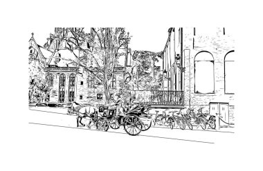 Belçika 'nın başkenti Bruges' ün simgesi olan Print Building View 'dir. Vektörde elle çizilmiş çizim çizimi.
