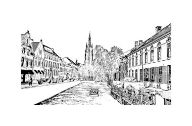 Belçika 'nın başkenti Bruges' ün simgesi olan Print Building View 'dir. Vektörde elle çizilmiş çizim çizimi.