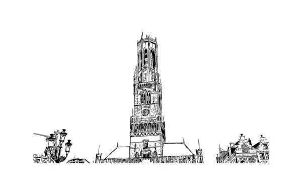 Print Вид Брюгге Город Бельгии Ручной Рисунок Векторе — стоковый вектор