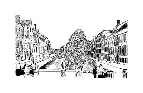 Print Building View Landmark Bruges City Belgium Hand Drawn Sketch — Stock Vector