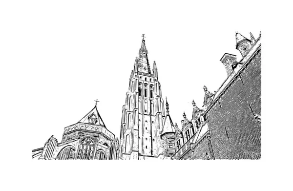 Belçika 'nın başkenti Bruges' ün simgesi olan Print Building View 'dir. Vektörde elle çizilmiş çizim çizimi.