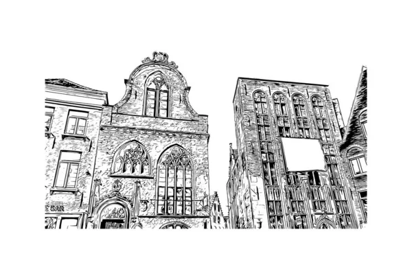 Print Building View Landmark Brygge Staden Belgien Handritad Skiss Illustration — Stock vektor