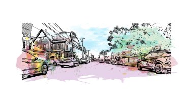 Concord 'un simgesi olan Print Building View, New Hampshire' ın başkentidir. Vektörde elle çizilmiş resim ile suluboya sıçraması.