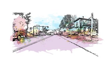 Concord 'un simgesi olan Print Building View, New Hampshire' ın başkentidir. Vektörde elle çizilmiş resim ile suluboya sıçraması.