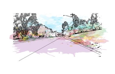 Concord 'un simgesi olan Print Building View, New Hampshire' ın başkentidir. Vektörde elle çizilmiş resim ile suluboya sıçraması.