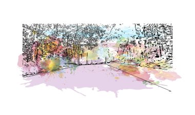 Concord 'un simgesi olan Print Building View, New Hampshire' ın başkentidir. Vektörde elle çizilmiş resim ile suluboya sıçraması.