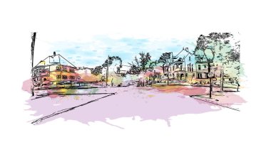 Concord 'un simgesi olan Print Building View, New Hampshire' ın başkentidir. Vektörde elle çizilmiş resim ile suluboya sıçraması.