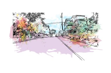 Concord 'un simgesi olan Print Building View, New Hampshire' ın başkentidir. Vektörde elle çizilmiş resim ile suluboya sıçraması.