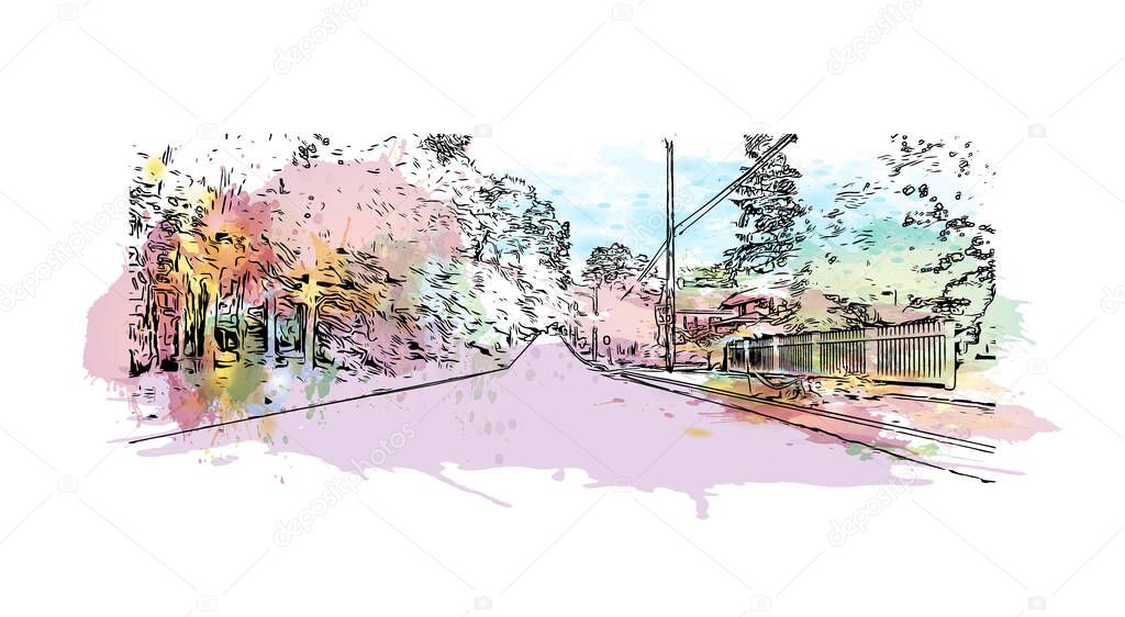 Print Building view with landmark of Concord is the capital city of New Hampshire. Watercolor splash with hand drawn sketch illustration in vector.