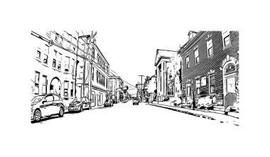 Concord 'un simgesi olan Print Building View New Hampshire şehridir. Vektörde elle çizilmiş çizim çizimi.