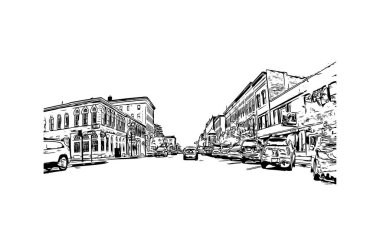 Concord 'un simgesi olan Print Building View New Hampshire şehridir. Vektörde elle çizilmiş çizim çizimi.